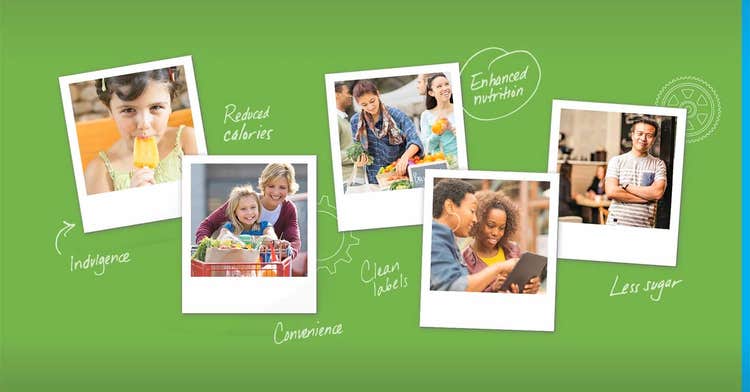 Collage of people enjoying dairy foods with text callouts like indulgence and nutrition