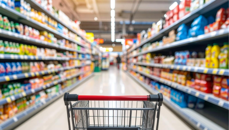 Supermarket aisle view from behind a red-handled shopping cart, surrounded by shelves stocked with colorful grocery products. Clean, shiny floor and bright lighting, with a shopper visible in the distance